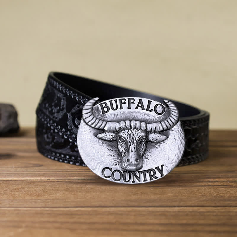 Men's DIY Buffalo Country Buckle Leather Belt - Silver - Black Carved Belt (40) - image 14