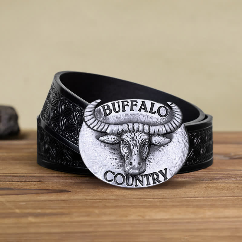 Men's DIY Buffalo Country Buckle Leather Belt - Silver - Black Embossed Weave Belt (38) - image 13