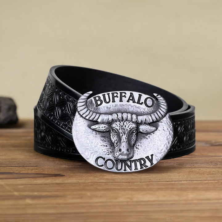 Men's DIY Buffalo Country Buckle Leather Belt - Silver - Black Embossed Weave Belt (38) - image 13