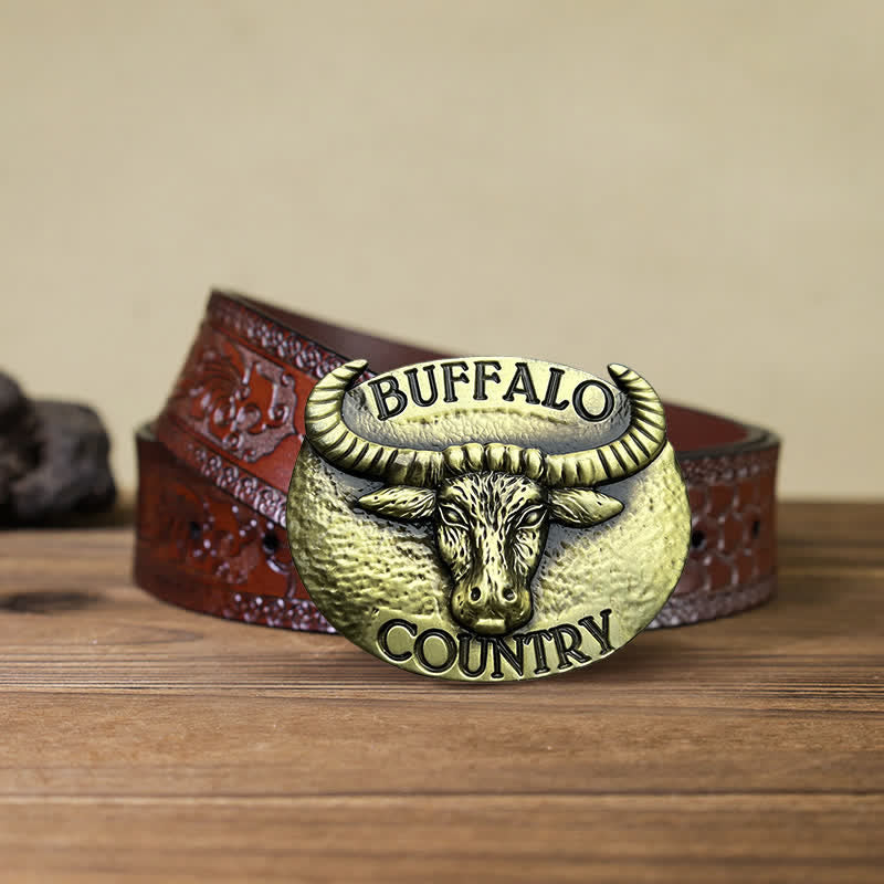 Men's DIY Buffalo Country Buckle Leather Belt - Bronze - Brown Carved Belt (40) - image 7