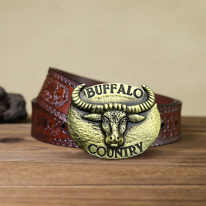 Men's DIY Buffalo Country Buckle Leather Belt - Bronze - Brown Carved Belt (40) - image 7