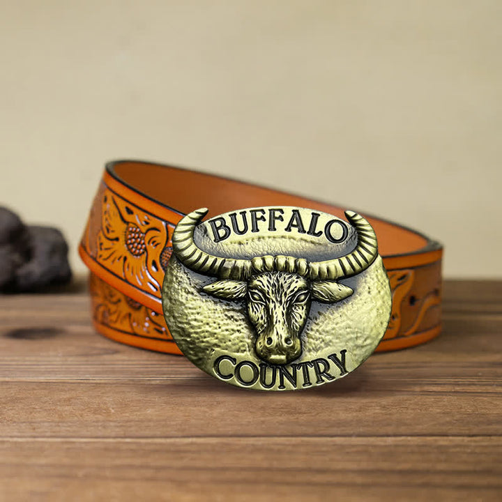 Men's DIY Buffalo Country Buckle Leather Belt - Bronze - Orange Carved Belt (40) - image 9