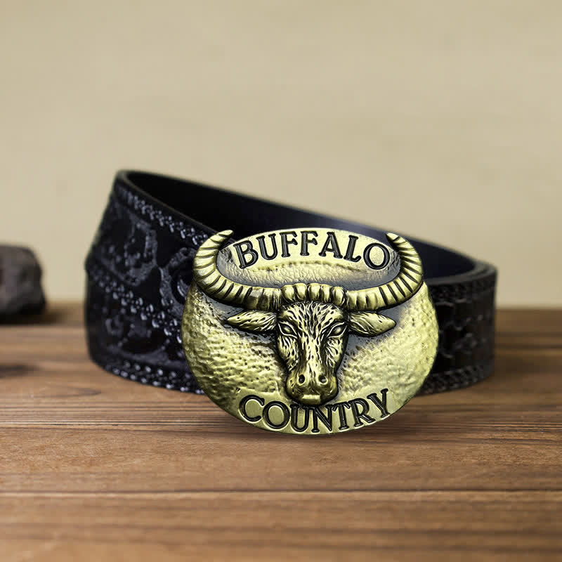 Men's DIY Buffalo Country Buckle Leather Belt - Bronze - Black Carved Belt (40) - image 6