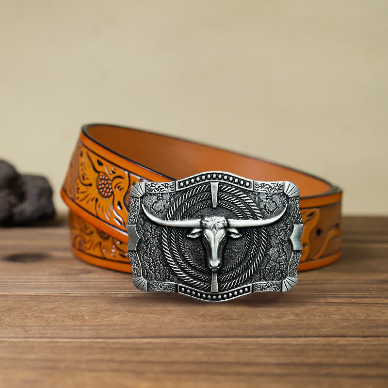 Men's DIY Western Bull Head Buckle Leather Belt - Silver - Orange Carved Belt (40) - image 9