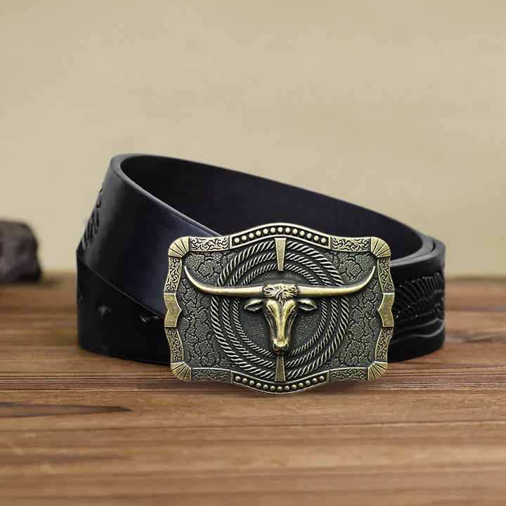 Men's DIY Western Bull Head Buckle Leather Belt - Bronze - Black Embossed Eagle Belt (38) - image 12