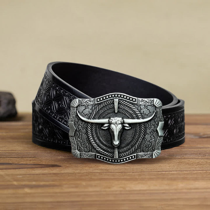 Men's DIY Western Bull Head Buckle Leather Belt - Silver - Black Embossed Weave Belt (38) - image 5