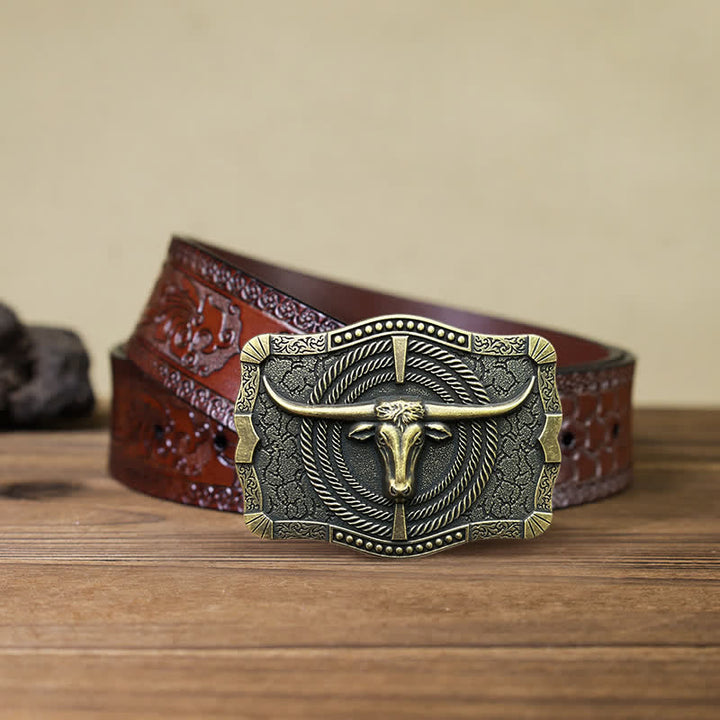 Men's DIY Western Bull Head Buckle Leather Belt - Bronze - Brown Carved Belt (40) - image 15
