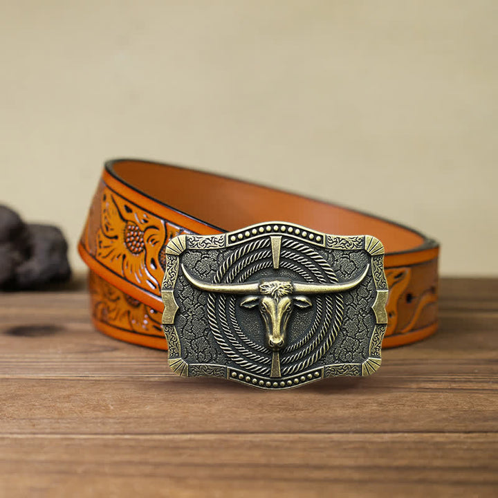 Men's DIY Western Bull Head Buckle Leather Belt - Bronze - Orange Carved Belt (40) - image 17