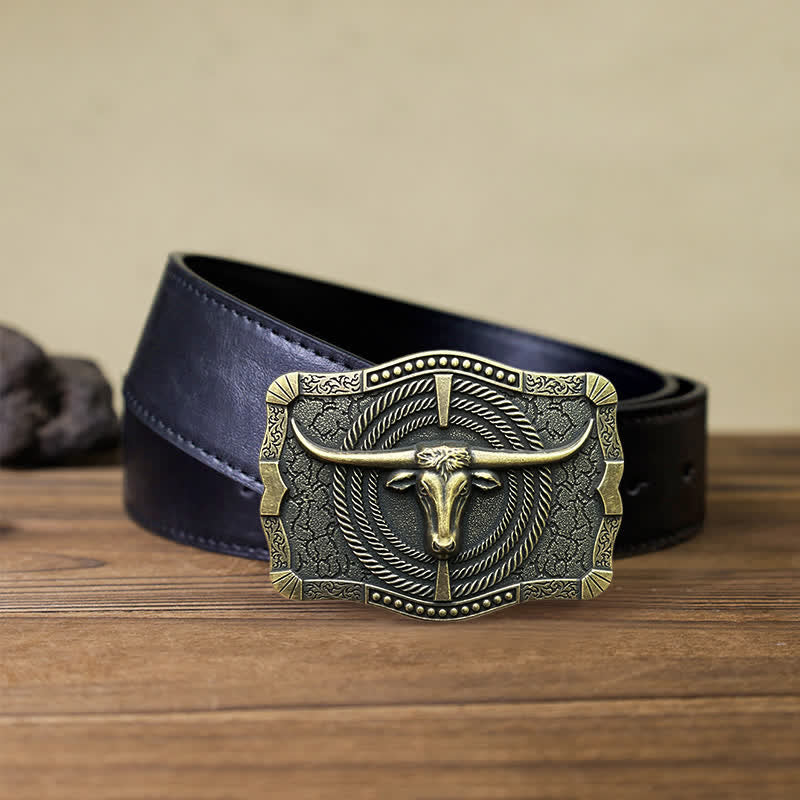Men's DIY Western Bull Head Buckle Leather Belt - Bronze - Black PU Belt (40) - image 11