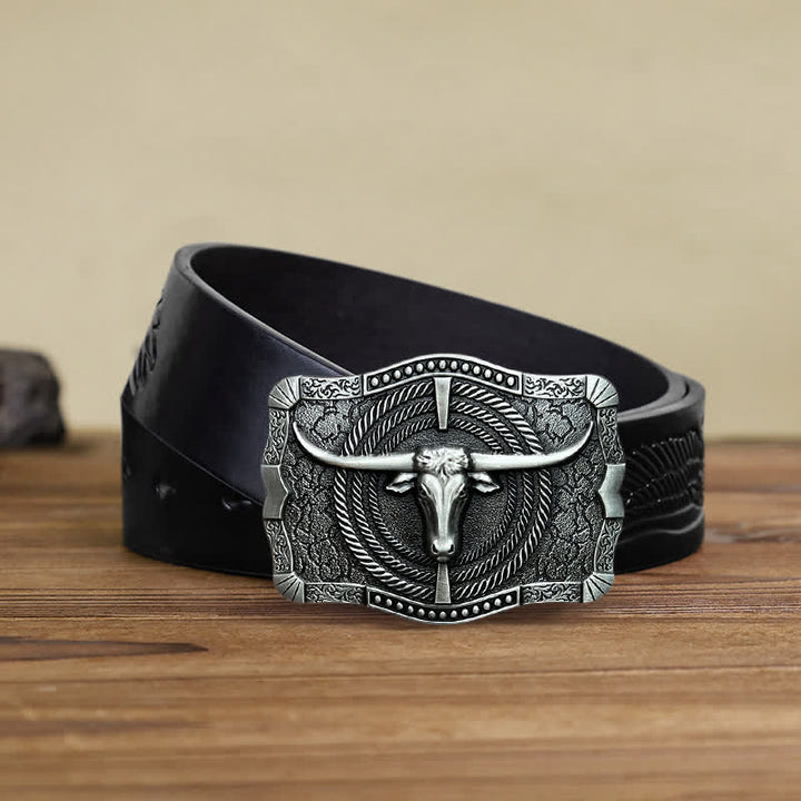 Men's DIY Western Bull Head Buckle Leather Belt - Silver - Black Embossed Eagle Belt (38) - image 4