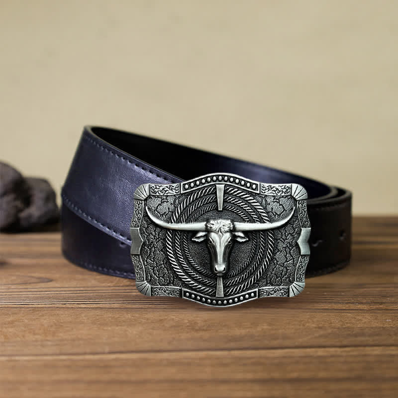 Men's DIY Western Bull Head Buckle Leather Belt - Silver - Black PU Belt (40) - image 3
