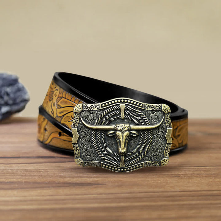 Men's DIY Western Bull Head Buckle Leather Belt - Bronze - SandyBrown Belt (40) - image 16