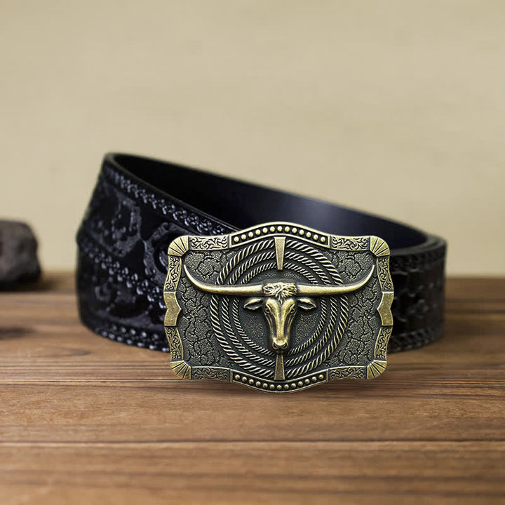 Men's DIY Western Bull Head Buckle Leather Belt - Bronze - Black Carved Belt (40) - image 14