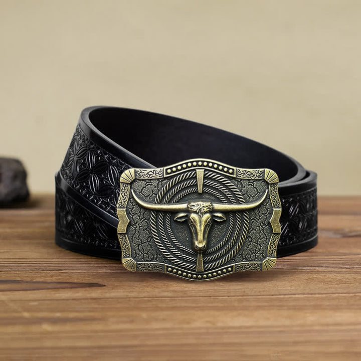 Men's DIY Western Bull Head Buckle Leather Belt - Bronze - Black Embossed Weave Belt (38) - image 13