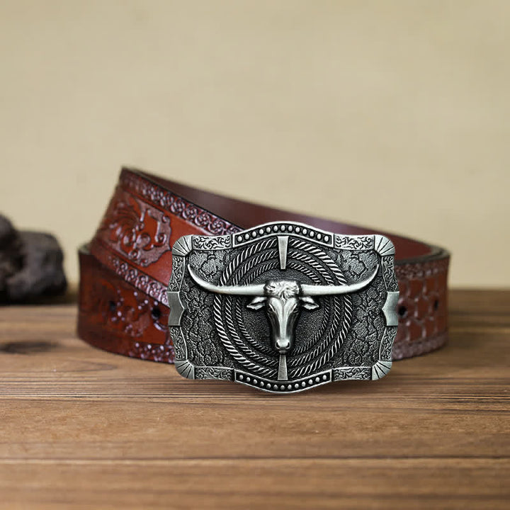 Men's DIY Western Bull Head Buckle Leather Belt - Silver - Brown Carved Belt (40) - image 7