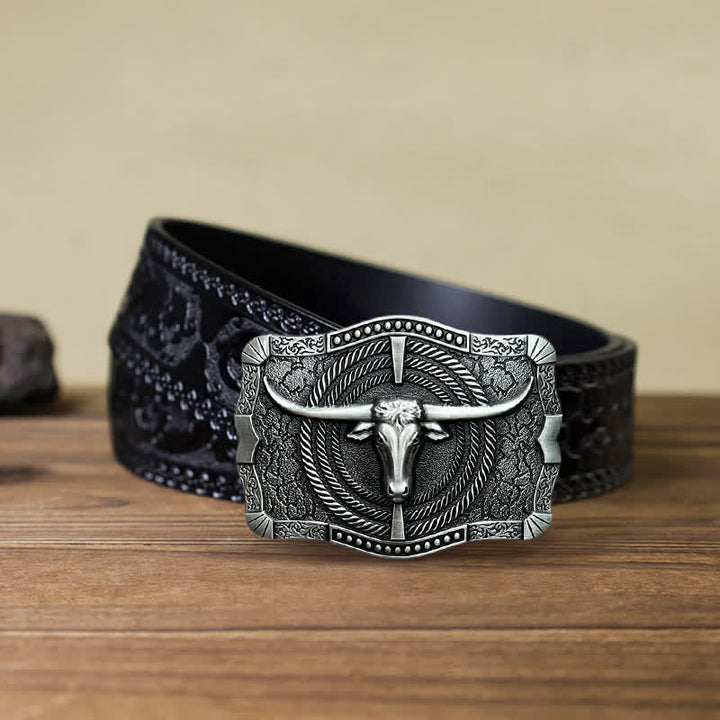 Men's DIY Western Bull Head Buckle Leather Belt - Silver - Black Carved Belt (40) - image 6