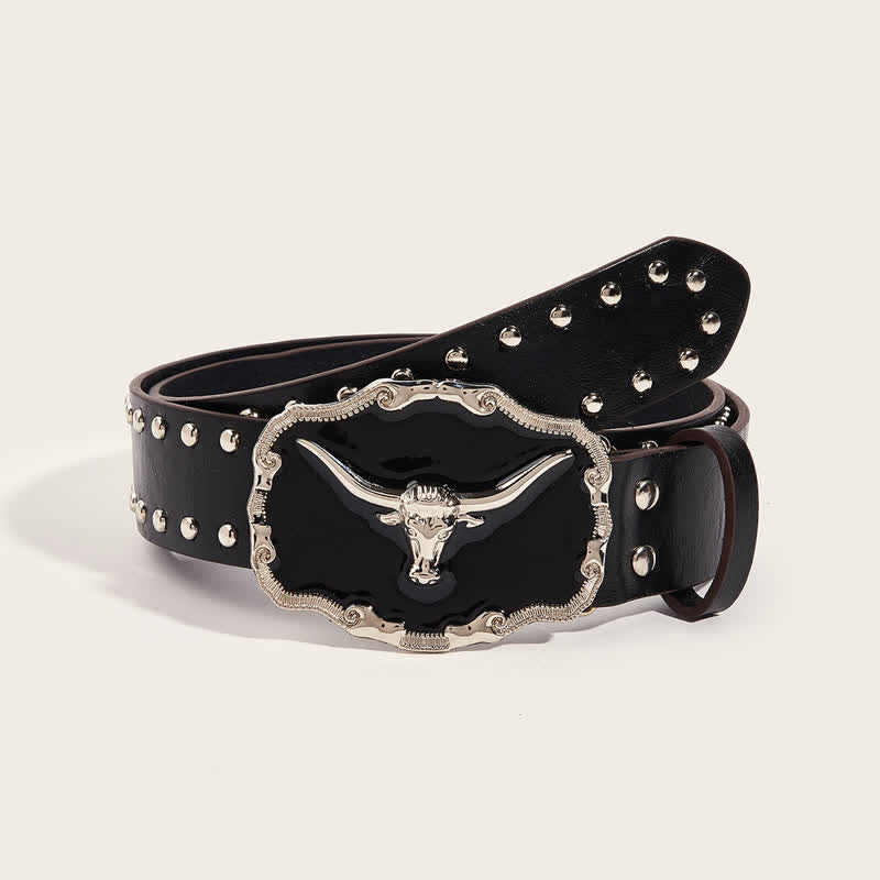 Men's Black Longhorn Bull Rivet Leather Belt - Horse - 34 - image 0