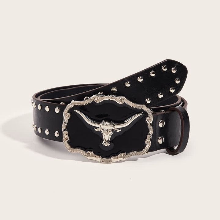 Men's Black Longhorn Bull Rivet Leather Belt - Horse - 34 - image 0