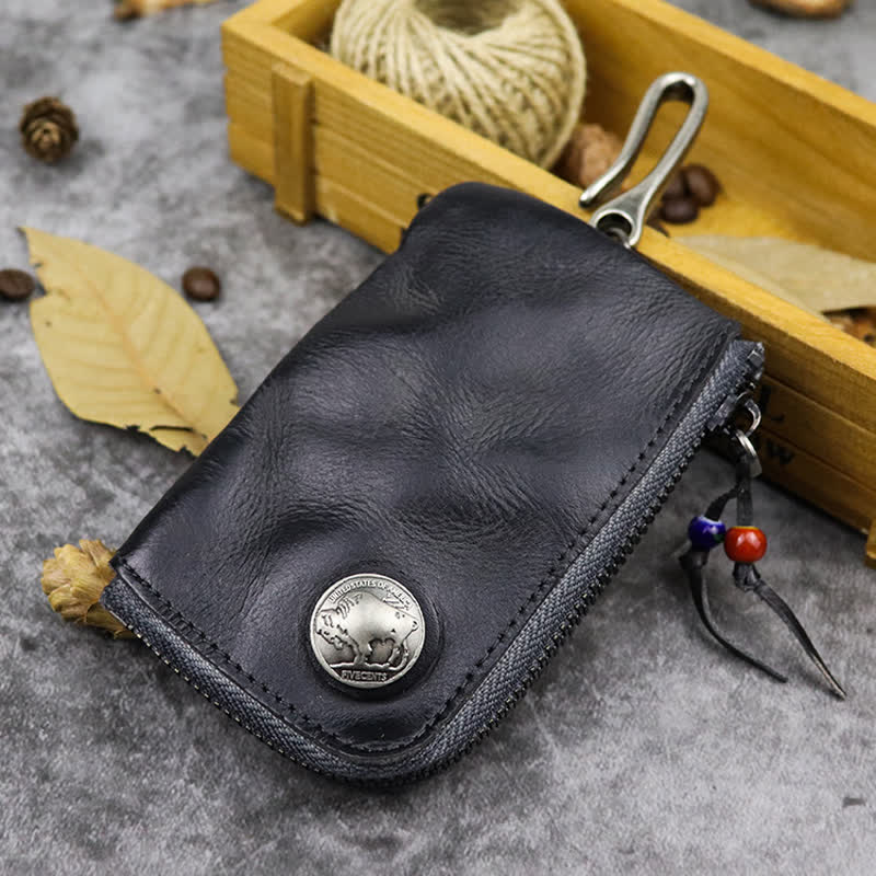 Vintage Medieval Zipper Wallet Leather Key Case - Black - image 12