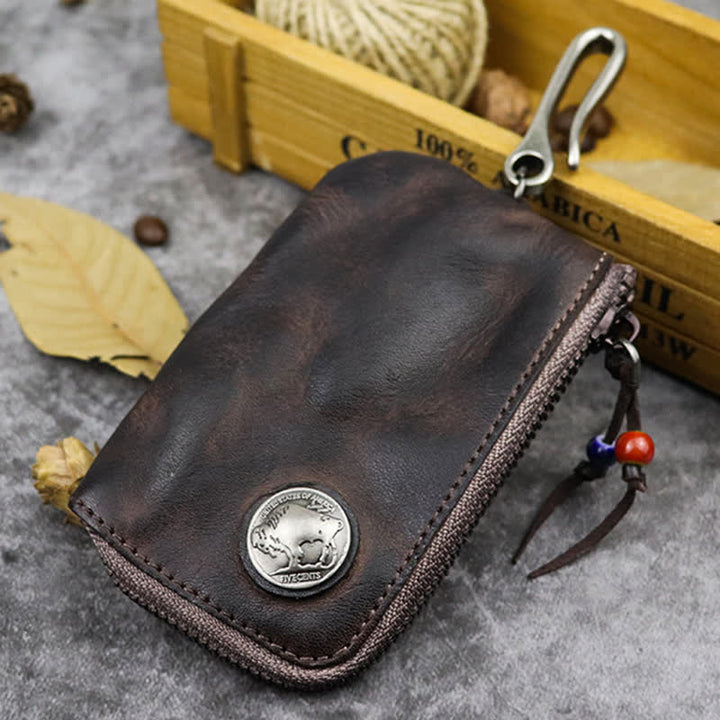 Vintage Medieval Zipper Wallet Leather Key Case - Coffee - image 14