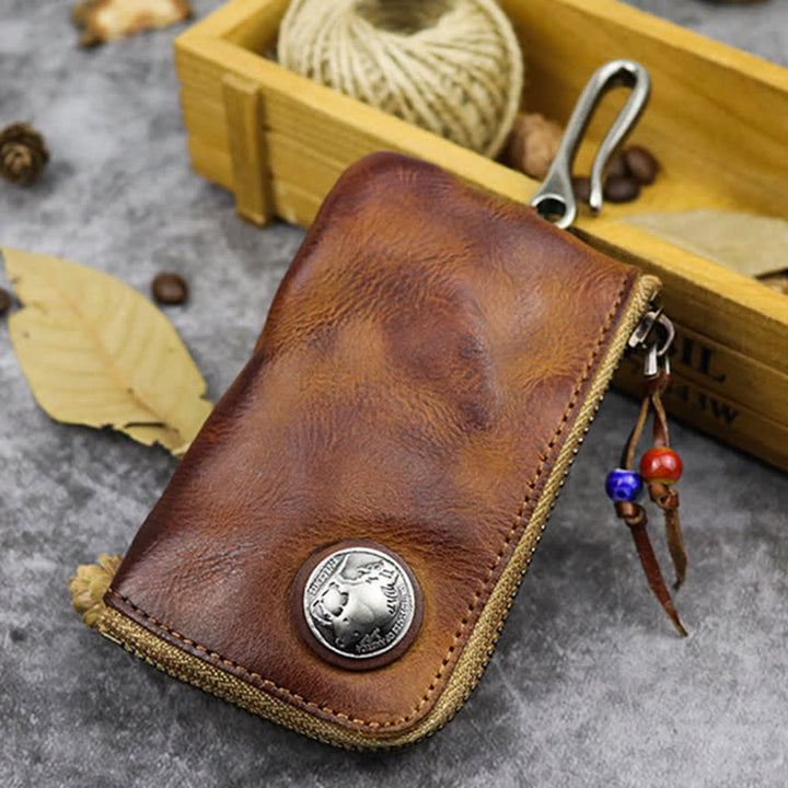 Vintage Medieval Zipper Wallet Leather Key Case - Brown - image 0