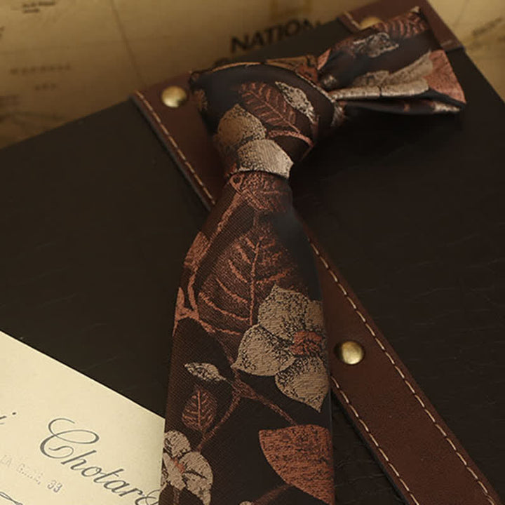 Men's Autumn Brown Leaves Floral Bow Tie Necktie - image 1