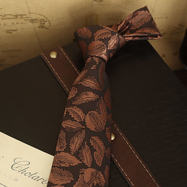 Men's Copper Leaf Print Brown Bow Tie Necktie - image 2