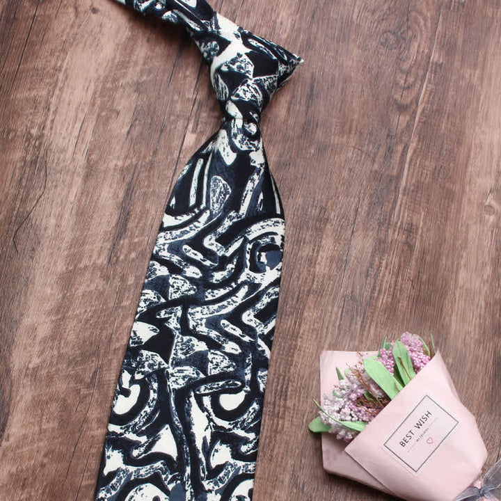 Men's Dark Blue Abstract Printed White Necktie - image 3