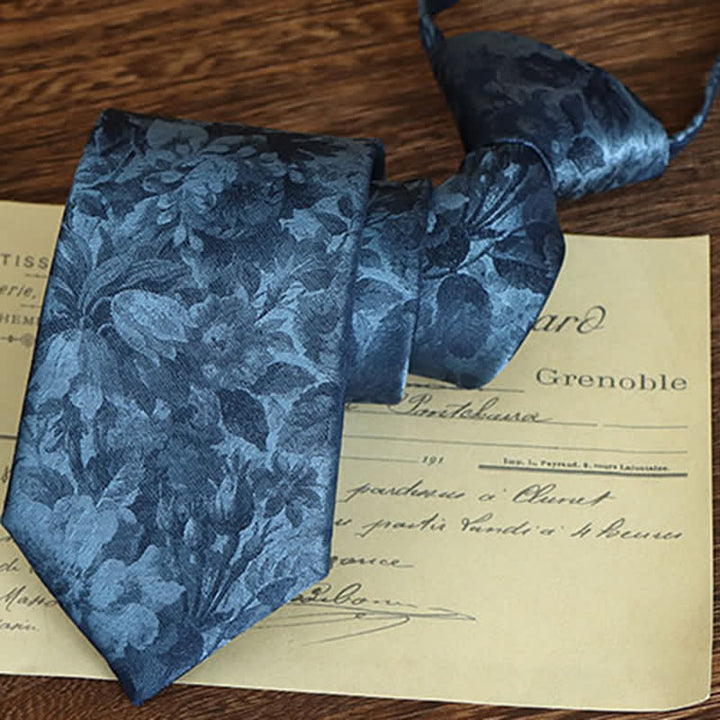 Men's Striking Floral Pattern Business Necktie - Blue - Zipper Tie - image 2
