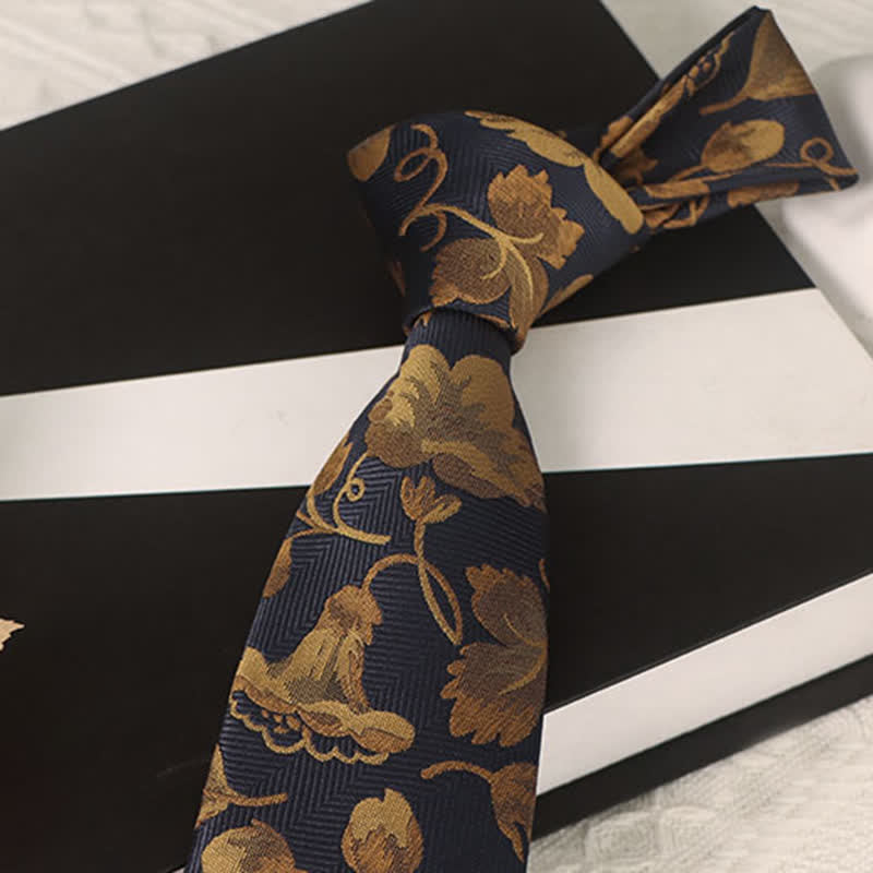 Men's Gold Morning Glories Navy Blue Necktie - image 2