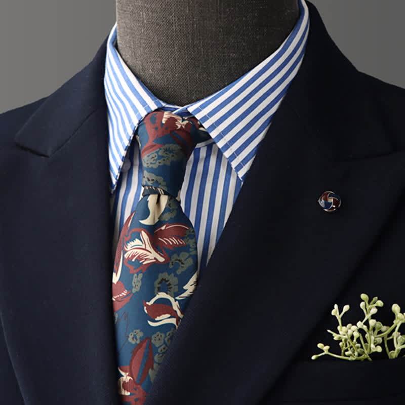 Men's Calming Navy Blue & Red Floral Necktie - Navy & Red - image 0
