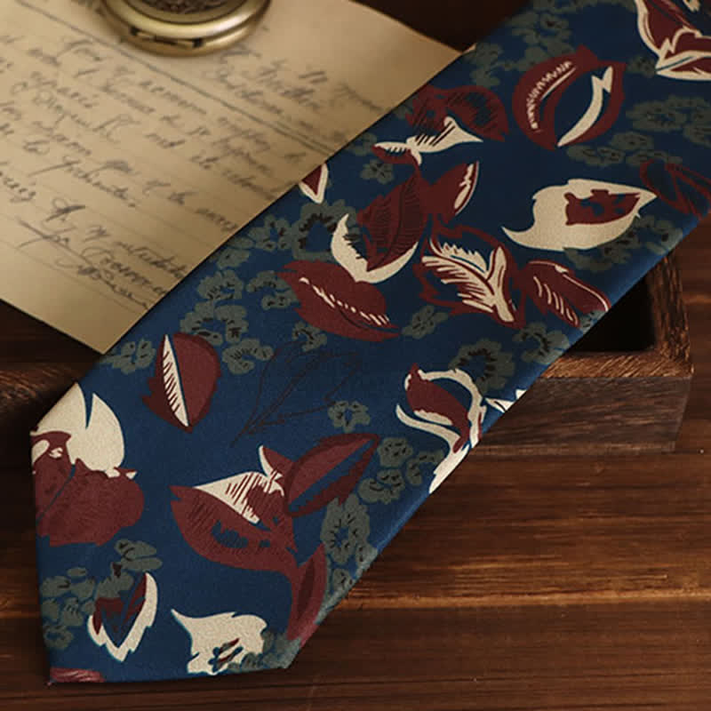 Men's Calming Navy Blue & Red Floral Necktie - image 2
