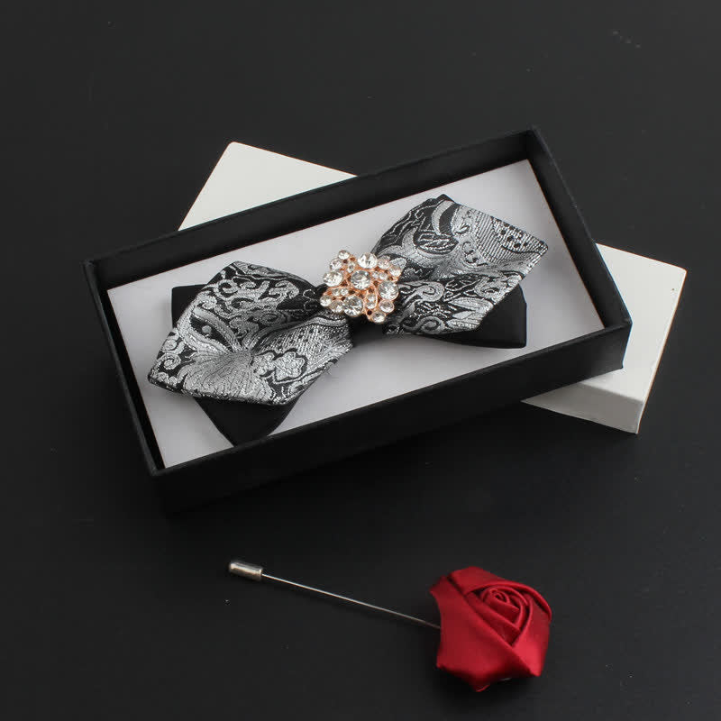 Men's Classical Paisley Crystal Bow Tie with Lapel Pin - Silver - image 1
