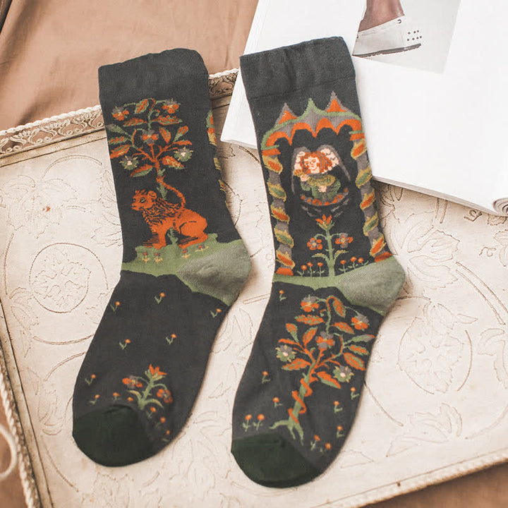 Men's Artistic Forest Oil Painting Crew Socks - Lion - EU 38-44 - image 2