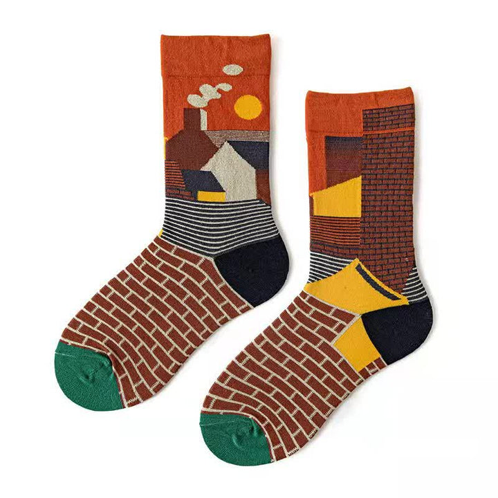 Men's Artistic Forest Oil Painting Crew Socks - Red House - EU 38-44 - image 9