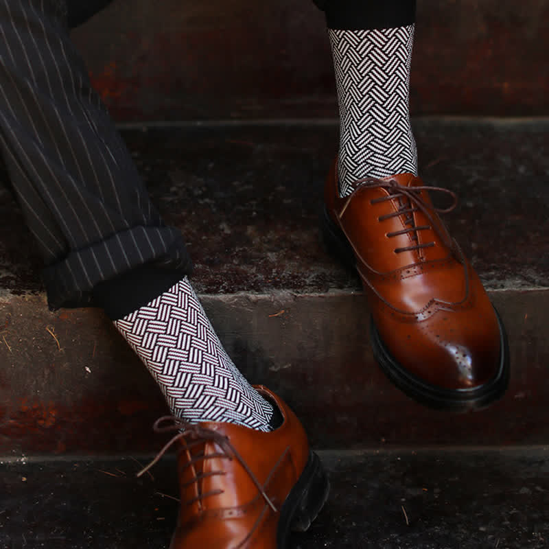 Men's Black Leisure Lattice Striped Crew Socks - image 11