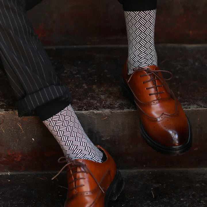 Men's Black Leisure Lattice Striped Crew Socks - image 11