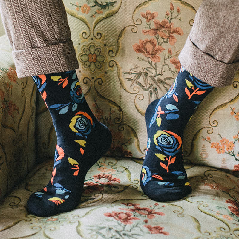 Men's Navy Wild Blue Roses Crew Socks - image 1