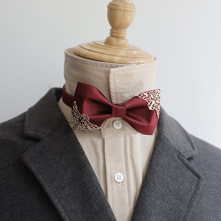 Men's Hollow Gold Metal Decor Bow Tie - Burgundy - image 4