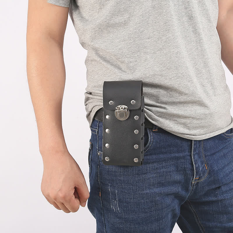 Rivet Decor Button Universal Phone Leather Belt Bag - image 7