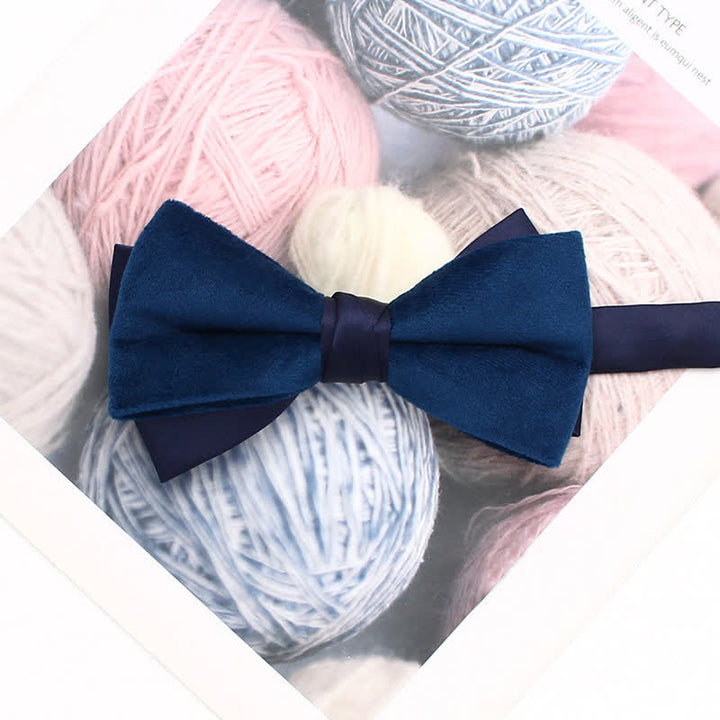 Men's Velvet Double Layered Patchwork Color Bow Tie - Navy - image 11