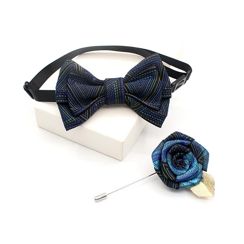 2Pcs Kid's Handmade Vintage Plaid Corsage Bow Tie Set - Navy Triangle - image 1