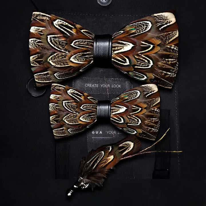 Kid's Brown Pheasant Feather Bow Tie with Lapel Pin - Parent-Child Set - image 5