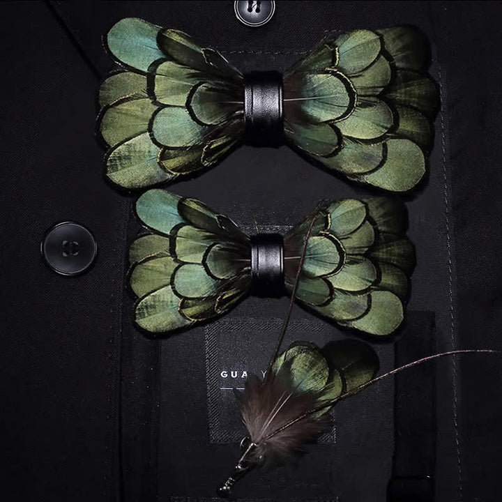 Kid's DarkOliveGreen Classic Feather Bow Tie with Lapel Pin - Parent-Child Set - image 5