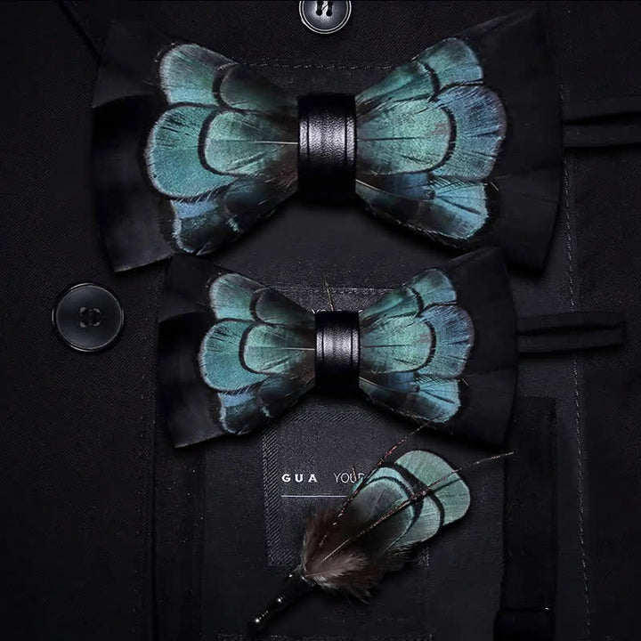 Kid's Black & Green Exquisite Feather Bow Tie with Lapel Pin - Parent-Child Set - image 4