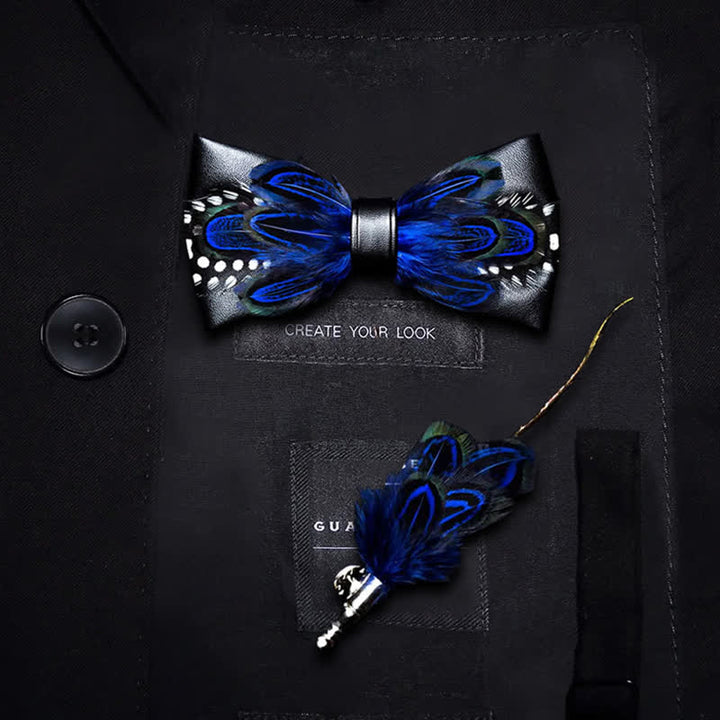 Kid's DarkBlue White Dots Lively Feather Bow Tie with Lapel Pin