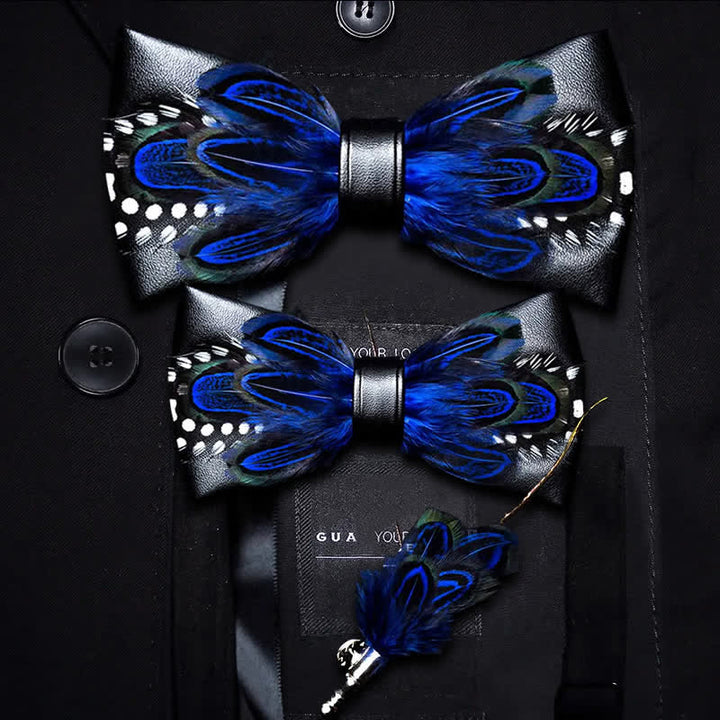 Kid's DarkBlue White Dots Lively Feather Bow Tie with Lapel Pin