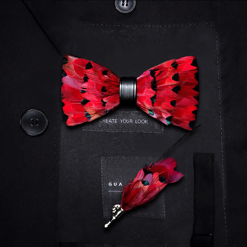 Kid's Red Finch Tail Feather Bow Tie with Lapel Pin - Kid - image 0