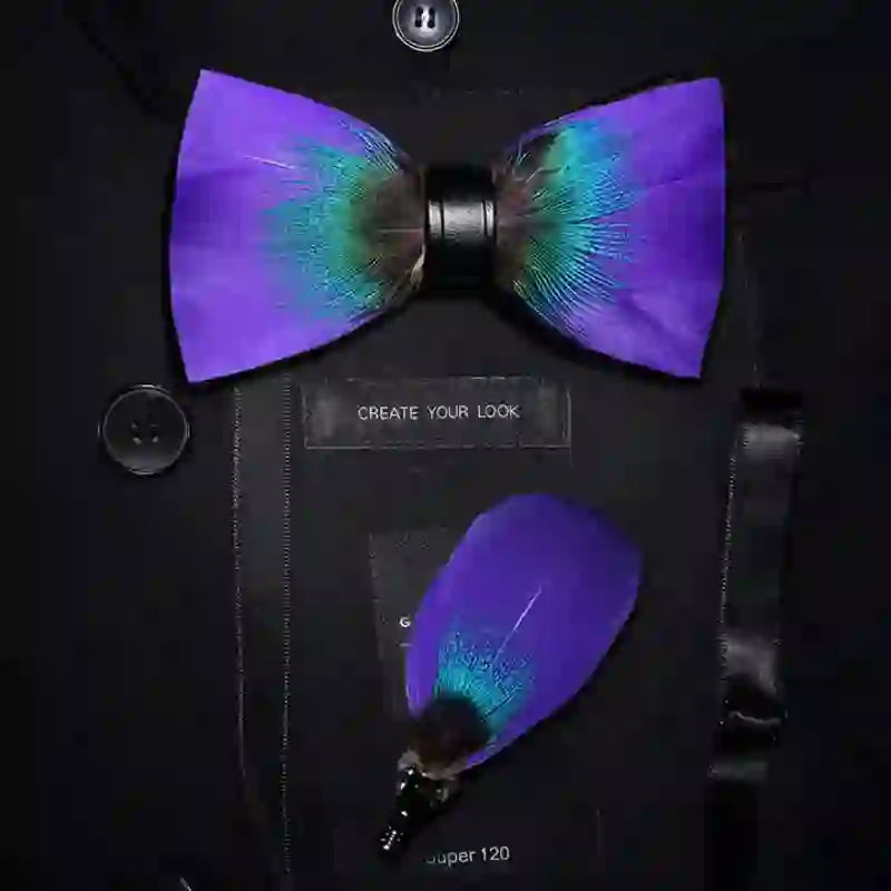 Kid's Royalty Purple & Teal Feather Bow Tie with Lapel Pin - Adult - image 2