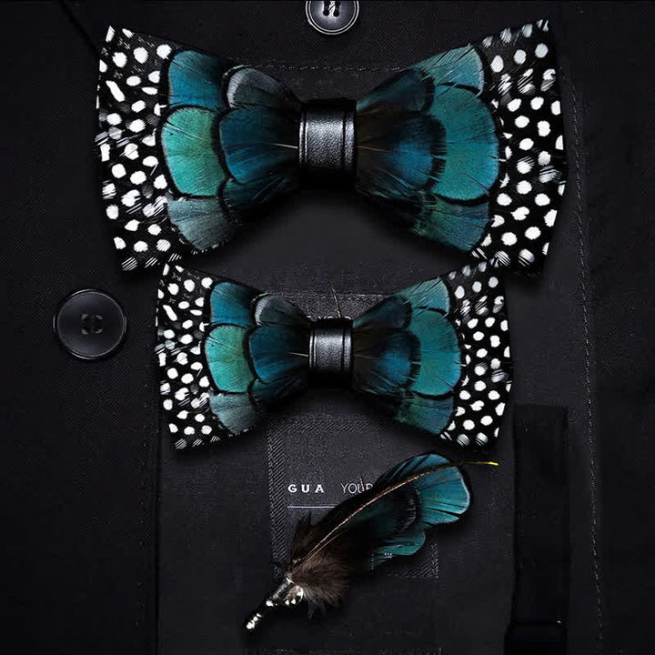 Kid's Turquoise & Black Feather Bow Tie with Lapel Pin - Parent-Child Set - image 4